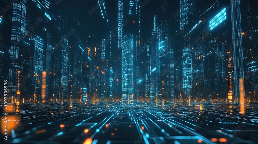 Abstract Cityscape with Digital Lines and Glowing Lights Abstract Cityscape with Digital Lines and Glowing Lights