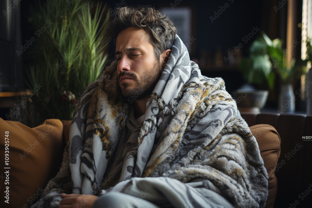 a man is sick, has a cold, sits on a sofa wrapped in a blanket.  