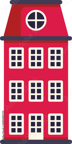 Illustration of a red apartment building facade with many windows and a mansard roof, isolated on white background