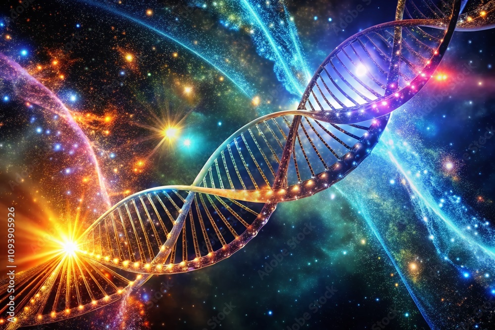 Illuminated DNA Helix in Night Photography: A Digital Illustration Capturing the Intricacies of Genetic Structures with a Mystical Glow Against a Starry Sky Illuminated DNA Helix in Night Photography: A Digital Illustration Capturing the Intricacies of Genetic Structures with a Mystical Glow Against a Starry Sky
