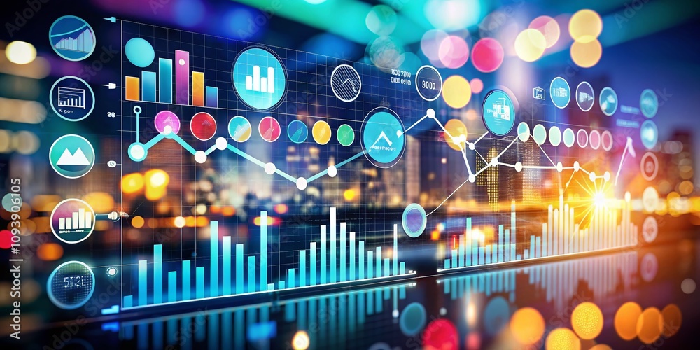 Obraz premium Illustrative Data Analytics Tools Featuring Graphs and Charts for Business Analysis and Digital Information Processing in a Bokeh Effect Background