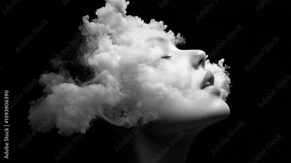 Expressive smoke art blending with a serene face in a dramatic black and white composition Expressive smoke art blending with a serene face in a dramatic black and white composition