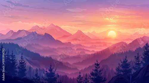 A vibrant, colorful illustration of a mountain range at sunset.