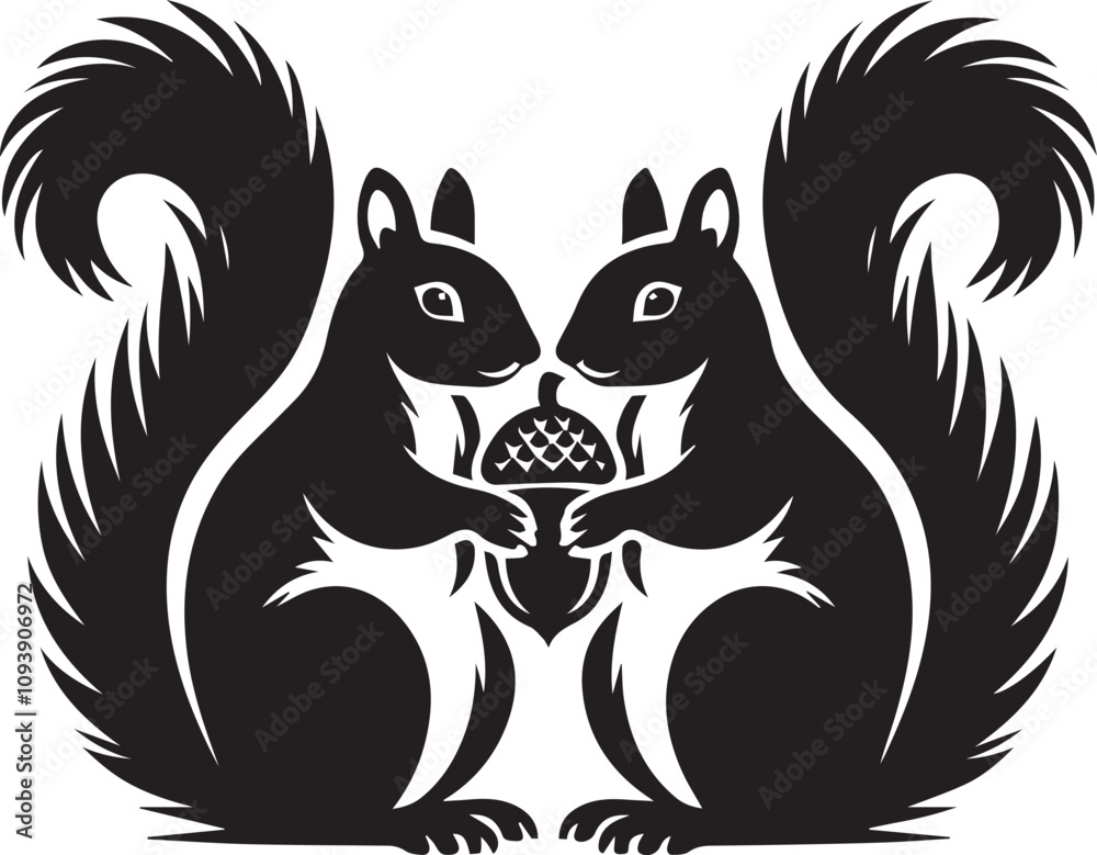 Obraz premium A pair of squirrels sitting close sharing an acorn silhouette vector
