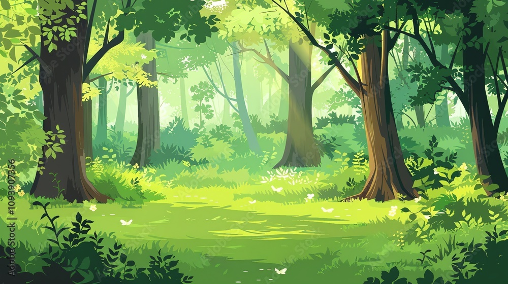 Obraz premium A digital illustration of a lush green forest with sunbeams shining through the trees.