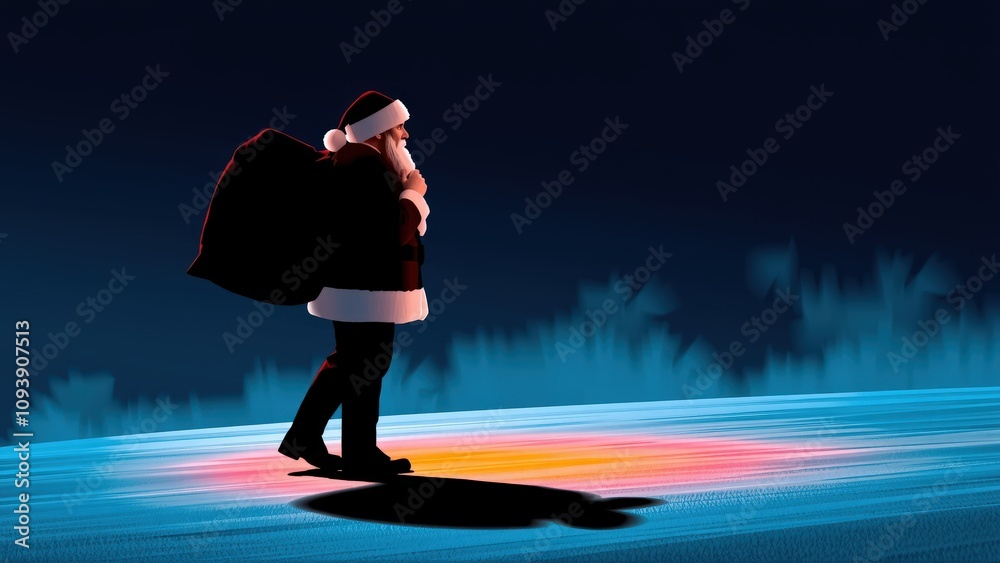 Generative AI, Santa Claus walking on a snowy rooftop with a glowing red bag under a dreamy, bokeh-lit night sky. Generative AI, Santa Claus walking on a snowy rooftop with a glowing red bag under a dreamy, bokeh-lit night sky.
