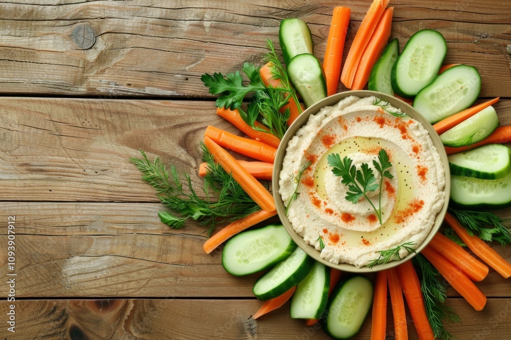 Fresh hummus served with an array of colorful vegetables including carrots and cucumbers, perfect for healthy snacking and sharing.