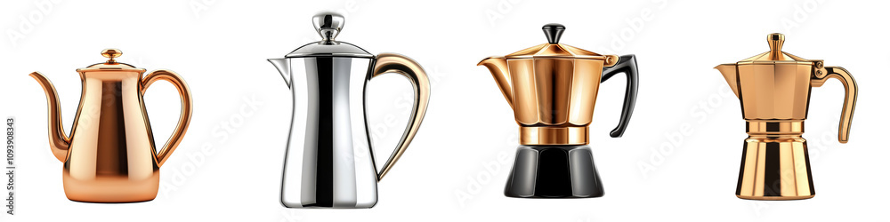 Fototapeta premium A collection of four stylish coffee makers featuring different finishes, showcasing elegance and functionality in beverage preparation.