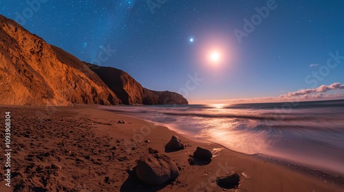 Moonlit beach scene coastal shoreline night photography serene environment wide angle view natural beauty concept