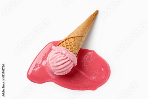 Strawberry ice cream melting and spilling from the waffle cone on isolated white background. Minimalistic summer food concept photo