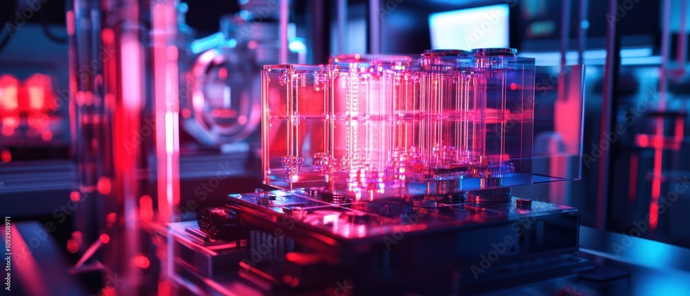 A futuristic laboratory setup featuring a glowing, intricate device. A futuristic laboratory setup featuring a glowing, intricate device.