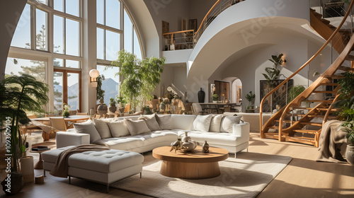 A luxurious living room with a beige L-shaped sofa, with  hardwood floors, with walls feature minimalist art and large windows