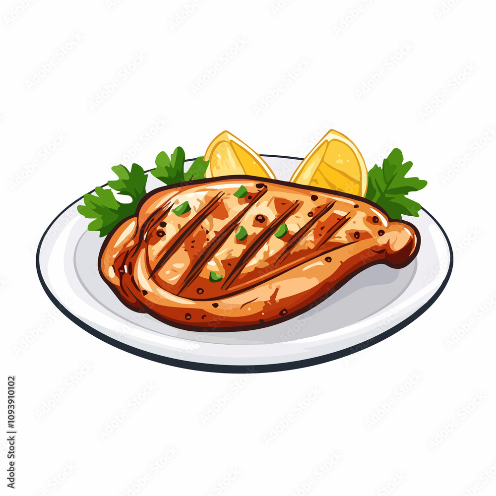 Delicious Grilled Chicken Fast Food with Plate Icon Vector Illustration Delicious Grilled Chicken Fast Food with Plate Icon Vector Illustration