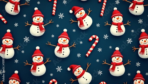 A cheerful seamless pattern featuring cute snowmen with red hats and scarves, candy canes, and snowflakes on a dark blue background, perfect for holiday designs and winter themes.