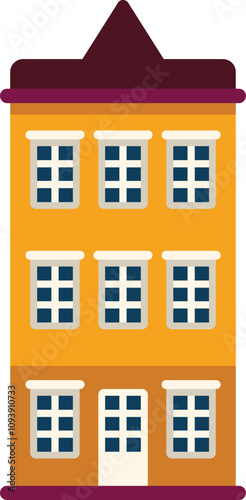 Typical flat three storey residential building with an attic and many windows is depicted on a white background