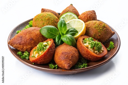 Kibbeh: Traditional Lebanese Cuisine Showcased in Beautiful Architectural Photography, Isolated on a White Background for Culinary Enthusiasts in Brazil