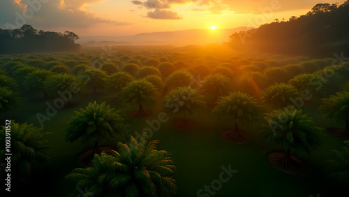 Aerial View of a Cocoa Plantation at Sunrise