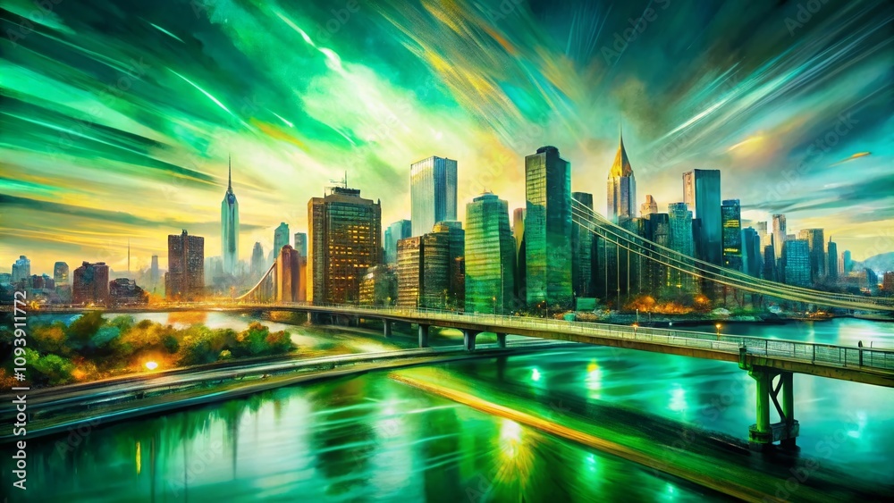 Obraz premium Large Green Abstract Cityscape Painting Featuring Vibrant Buildings and a Bridge in Long Exposure, Showcasing Dynamic Movement and Fluidity in Urban Art