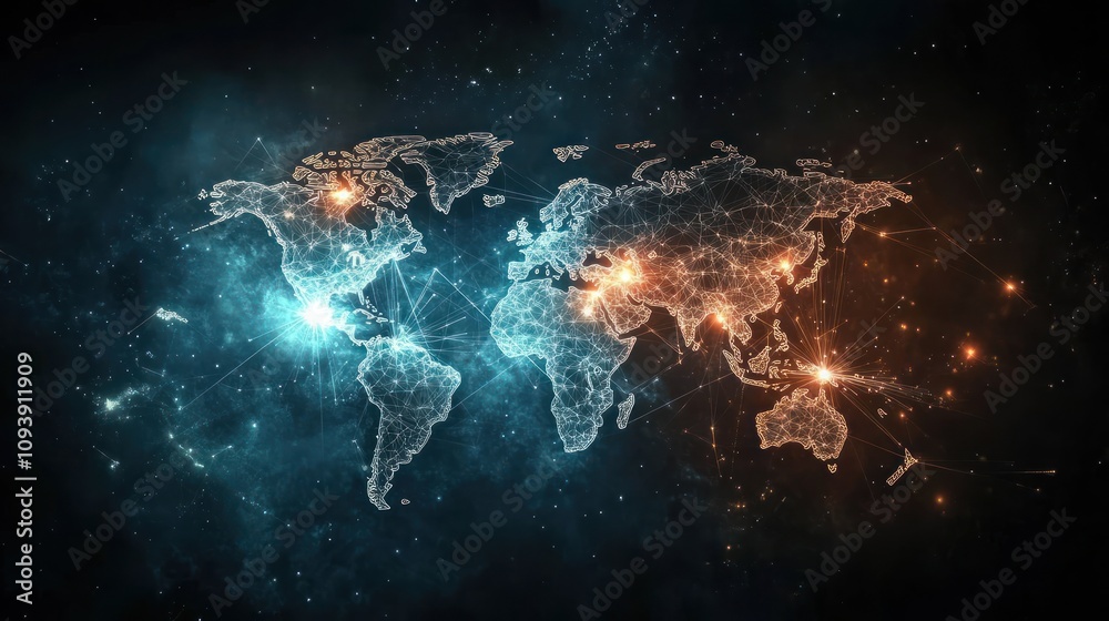 Naklejka premium A digital map of the world with glowing connections, representing global networks.
