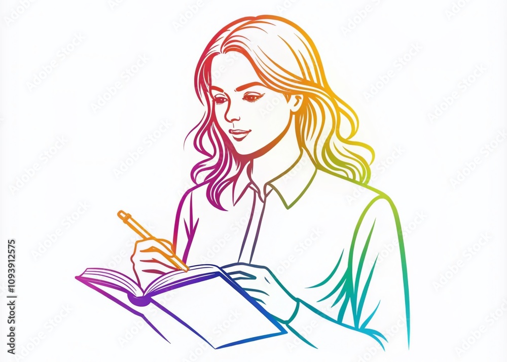 Line Art Woman Writing: Beautiful Female Writer Holding Pen and Book Isolated on White Background for Creative and Inspirational Concepts in Urban Exploration Photography Line Art Woman Writing: Beautiful Female Writer Holding Pen and Book Isolated on White Background for Creative and Inspirational Concepts in Urban Exploration Photography