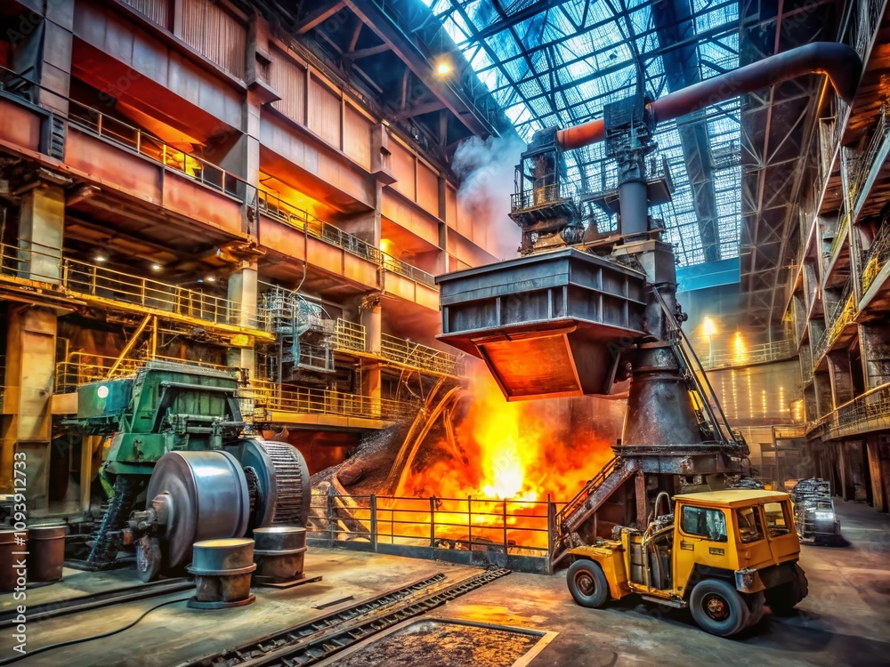 Fototapeta premium Loading of Ore into Open Hearth Furnace at a Metallurgical Plant: Industrial Process of Metal Production with Heavy Machinery in Action and Copy Space for Text Overlay