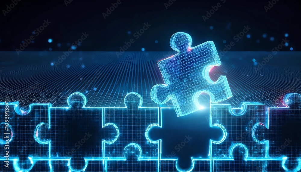 A digital puzzle piece connects with glowing fragments, symbolizing problem-solving and technology. A digital puzzle piece connects with glowing fragments, symbolizing problem-solving and technology.