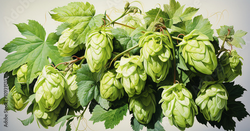 Freshly picked hops adorn a leafy vine during the summer harvest photo