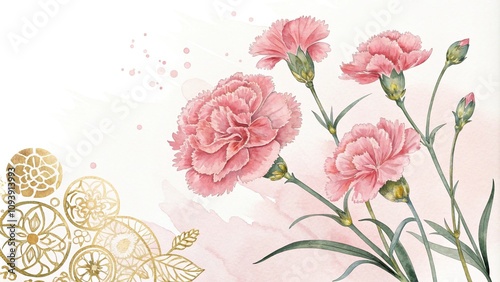 Watercolor pink carnations with intricate gold patterns set against a soft white background, hand-painted flowers, pink carnations, floral motifs