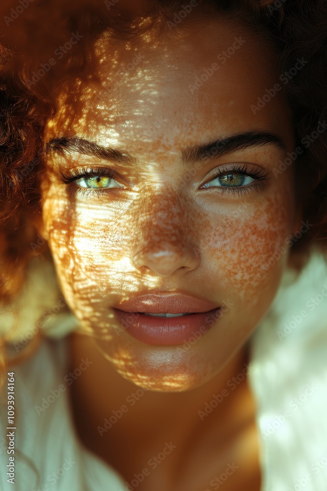 Close-up portrait of a woman with curly hair and vibrant eyes illuminated by soft light patterns Close-up portrait of a woman with curly hair and vibrant eyes illuminated by soft light patterns