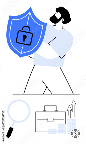 Person holding a blue shield with lock, magnifying glass, briefcase for data analysis and security, upward trend for growth. Ideal for cybersecurity, data protection, business security, IT
