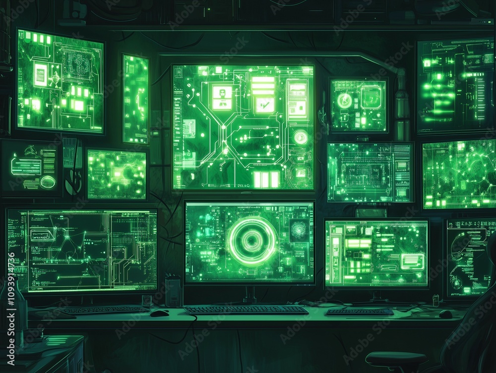 A realistic photo featuring multiple computer screens arranged together, all displaying green screens with stylized AI-themed graphics A realistic photo featuring multiple computer screens arranged together, all displaying green screens with stylized AI-themed graphics