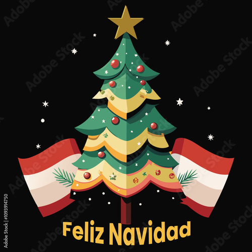 Feliz Navidad calligraphic lettering Spanish Christmas Winter tree Vector Background text tshirt poster banner illustration