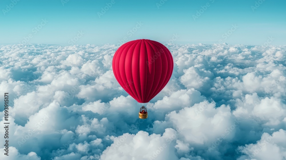 Red hot air balloon soaring above fluffy white clouds under a clear blue sky. Red hot air balloon soaring above fluffy white clouds under a clear blue sky.