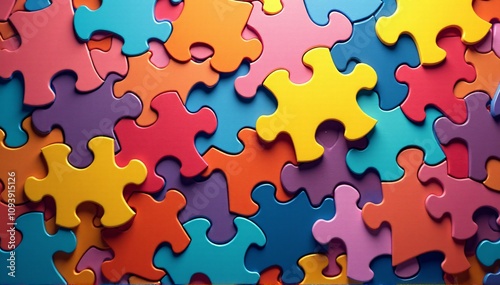 A vibrant arrangement of colorful puzzle pieces with a bokeh-style abstract texture, perfect for concepts of teamwork, problem-solving, creativity, or fun designs.