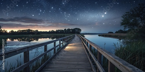 Wallpaper Mural Wooden boardwalk bridge spanning the river at night with stars shining in the sky, forest surroundings, serene landscape, nature walkway Torontodigital.ca