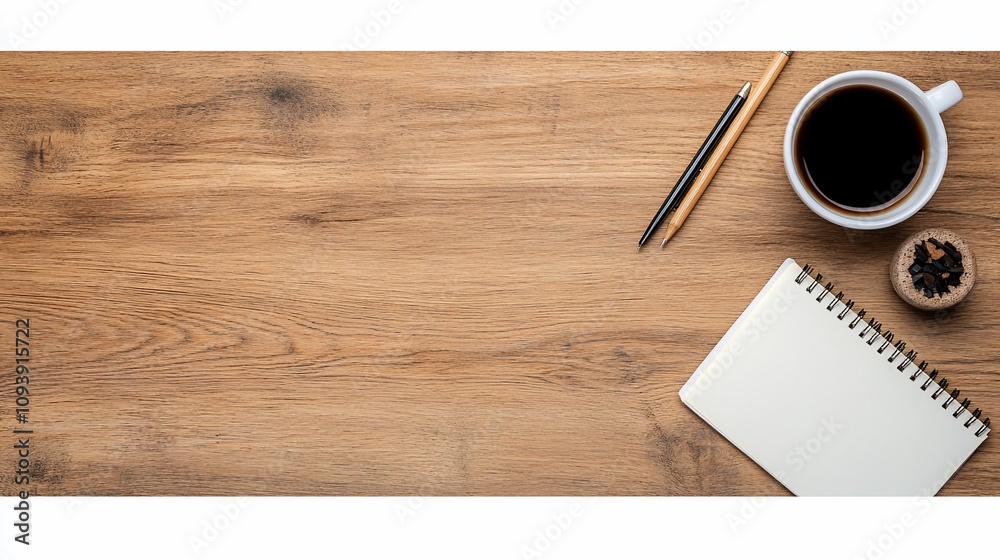 Flat Lay of a Home Office Setup Featuring a Computer, Notepad, and Accessories