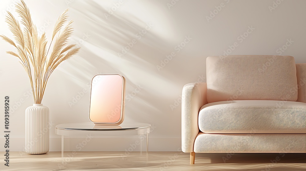 Modern living room setup with stylish couch and decorative plant minimalist design bright space Modern living room setup with stylish couch and decorative plant minimalist design bright space