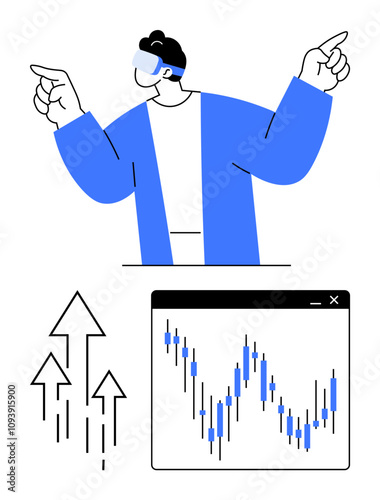 Person wearing VR headset points upward, symbolizing growth. Graph shows fluctuating stock trends. Ideal for finance, virtual reality, technology, investment, data analysis, education and market