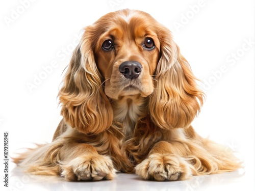 Adorable Cocker Spaniel Lying on Side with Direct Gaze - Isolated on White Background for Pet Lovers, Dog Enthusiasts, and Photography Buffs