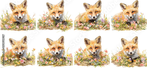 floral fox watercolor clipart