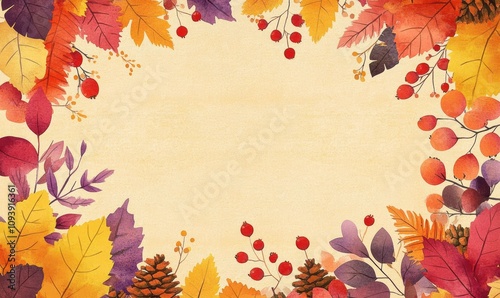 Autumn Leaves Border Watercolor Illustration Frame Background with Pinecones Berries Twigs