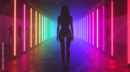 Dynamic neon light experience futuristic space visual art urban environment backlit perspective innovation theme