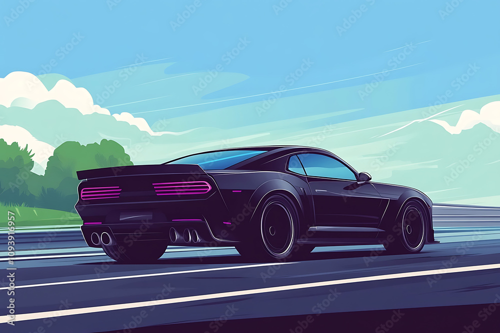 A sleek black sports car on a highway with a vibrant sky backdrop. A sleek black sports car on a highway with a vibrant sky backdrop.