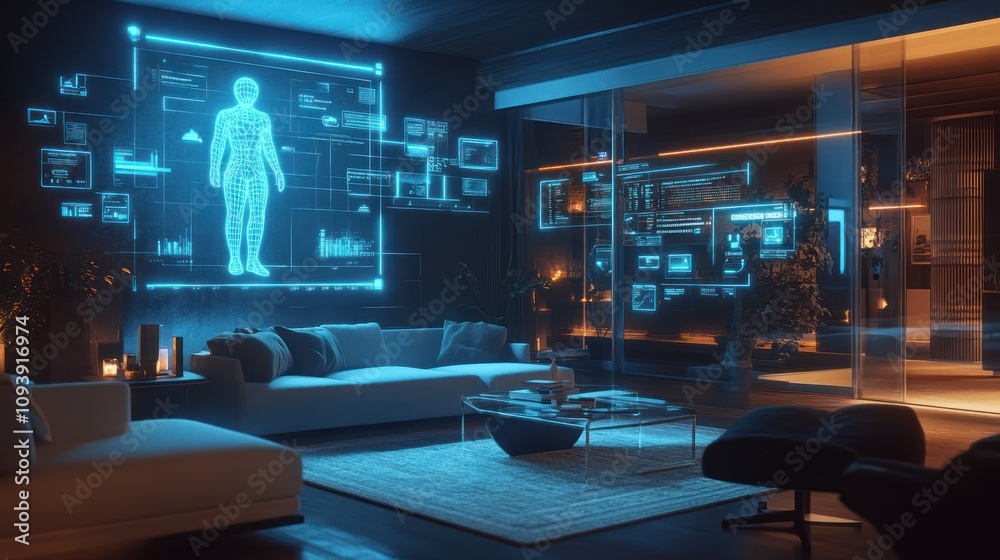 A futuristic living room with holographic displays and modern furnishings.