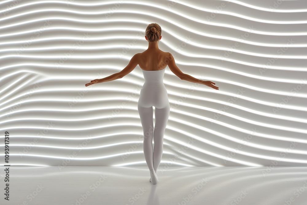 Obraz premium model modern photography and avant-garde, A graceful figure in sleek white attire poses against a wavy, illuminated backdrop, embodying elegance and modern artistry.