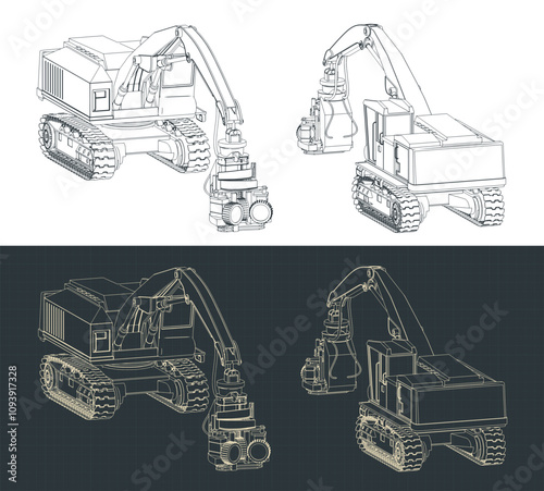 Crawler forestry harvester isometric blueprints