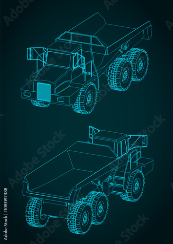 Mining dump truck isometric blueprints illustrations