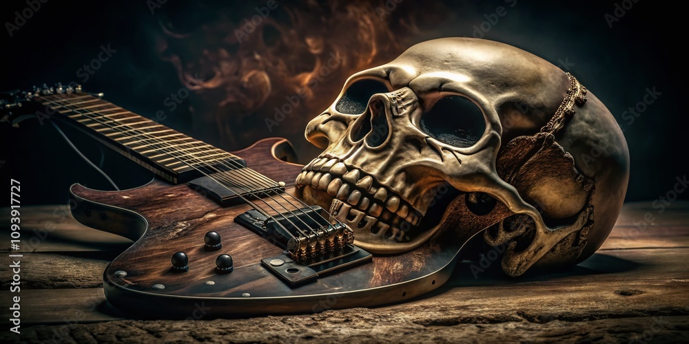 Fototapeta premium Low Light Photography of a Skull and Guitar Design with Intricate Details and Dramatic Shadows, Perfect for Rock Culture and Artistic Expression