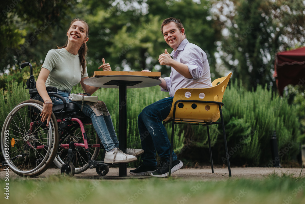 Fototapeta premium A joyful moment between a boy with Down syndrome and a girl in a wheelchair playing backgammon outdoors, highlighting friendship, inclusion, and fun.