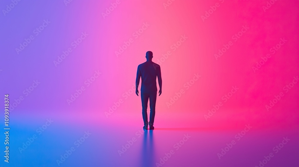Obraz premium model modern photography and avant-garde, A solitary figure stands against a vibrant gradient background of pink and blue, evoking a sense of introspection and depth.